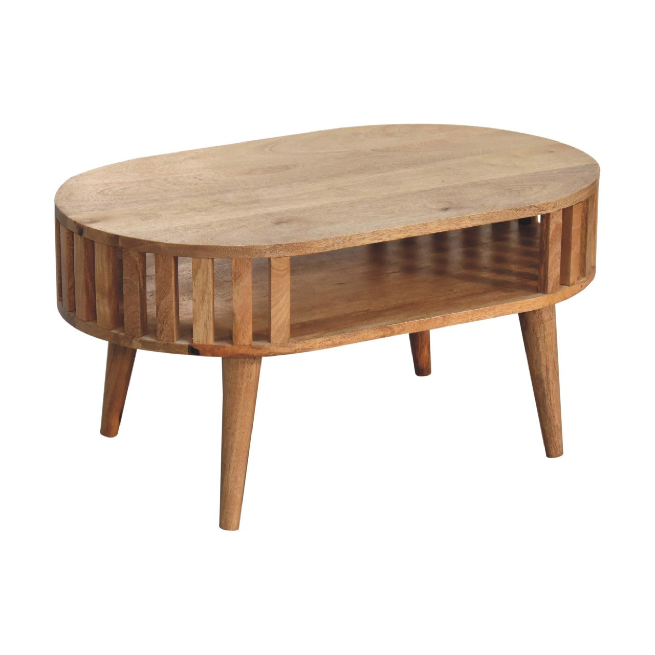 Oval wood coffee table with slatted sides and two legs