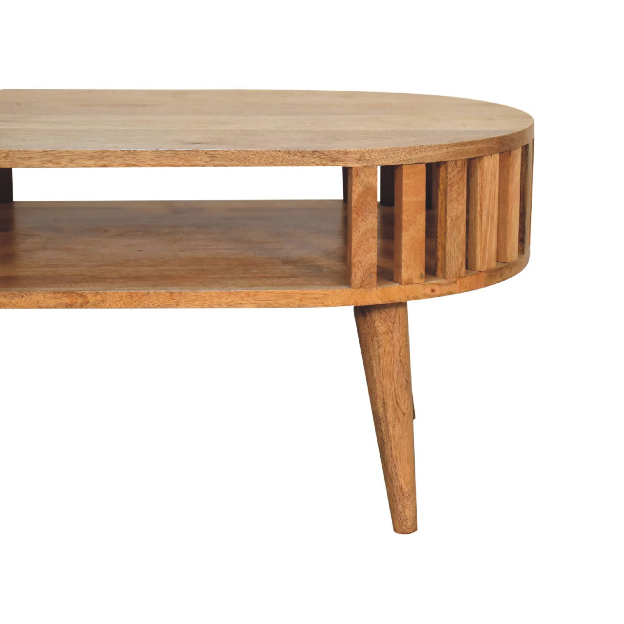 Wooden oval coffee table with slatted sides and a lower shelf
