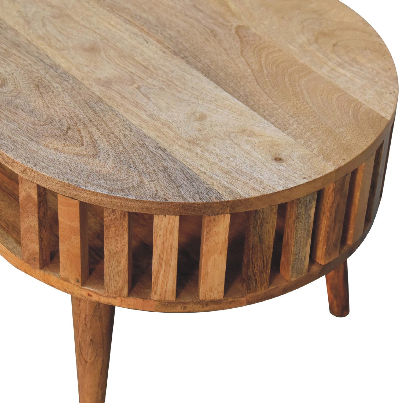 Round natural wood side table with slatted base and tapered legs