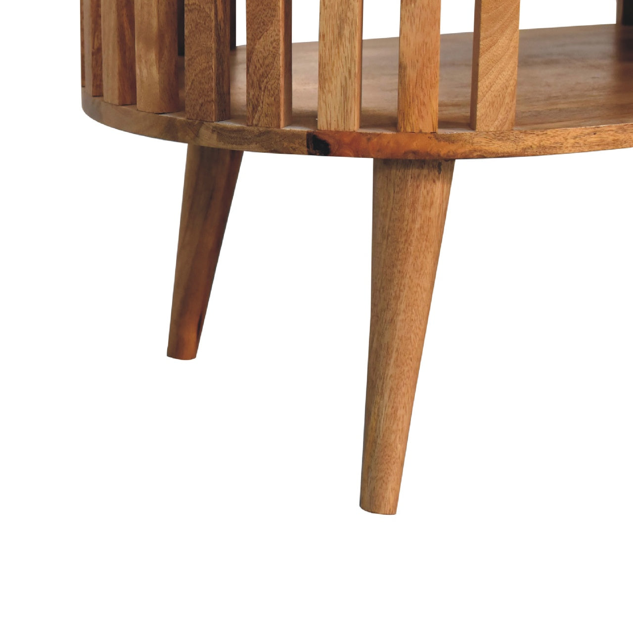 Solid mango wood side table with slatted detail and tapered legs