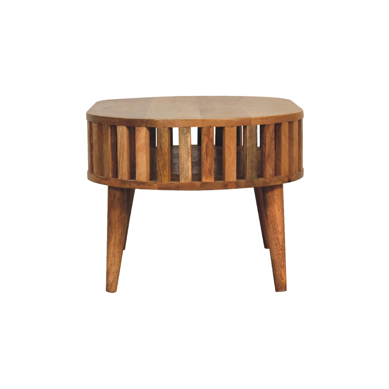 Wooden bedside table with slatted sides and tapered legs perfect for modern bedrooms