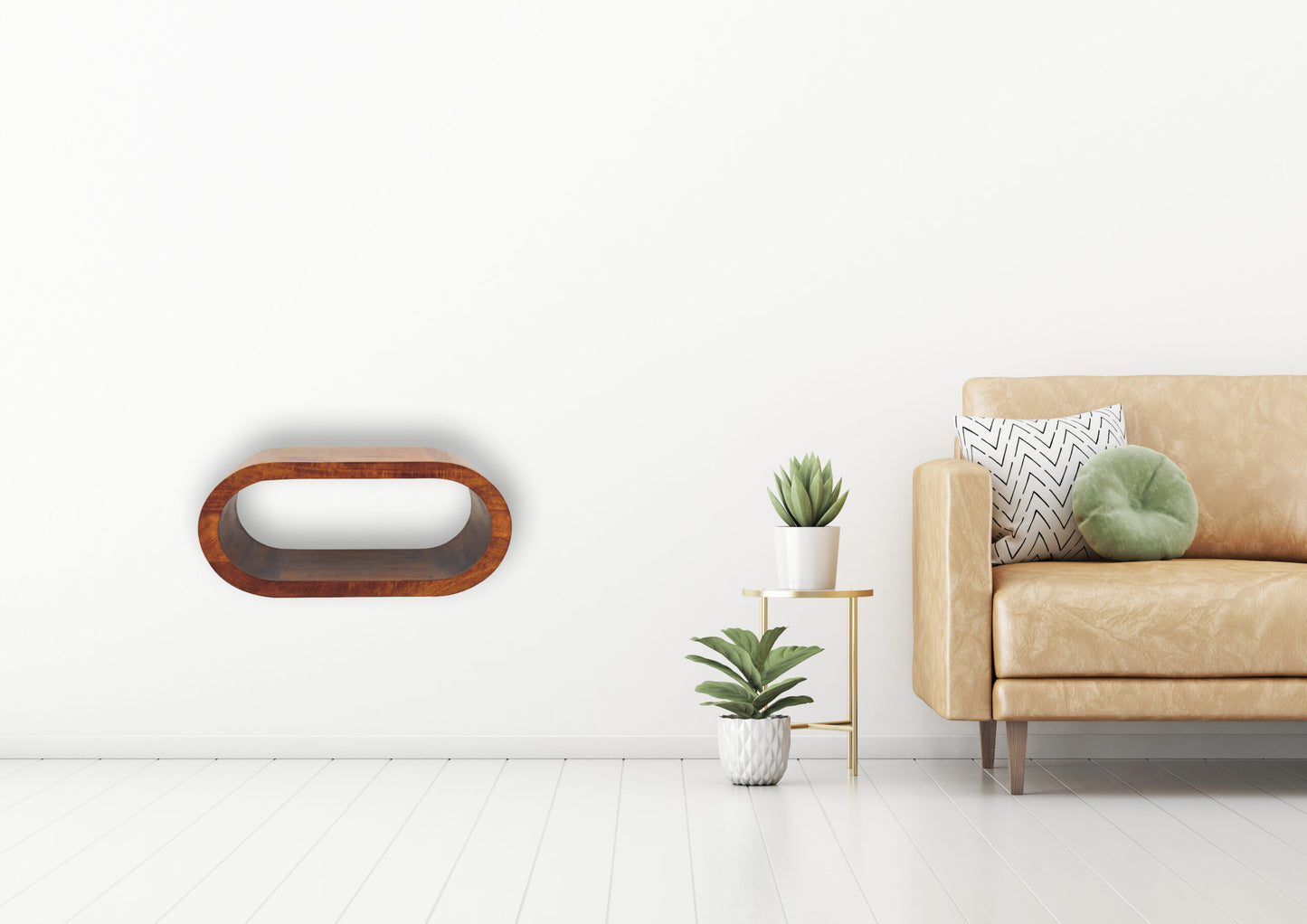 Curved walnut floating shelf with minimalist design perfect for modern living rooms