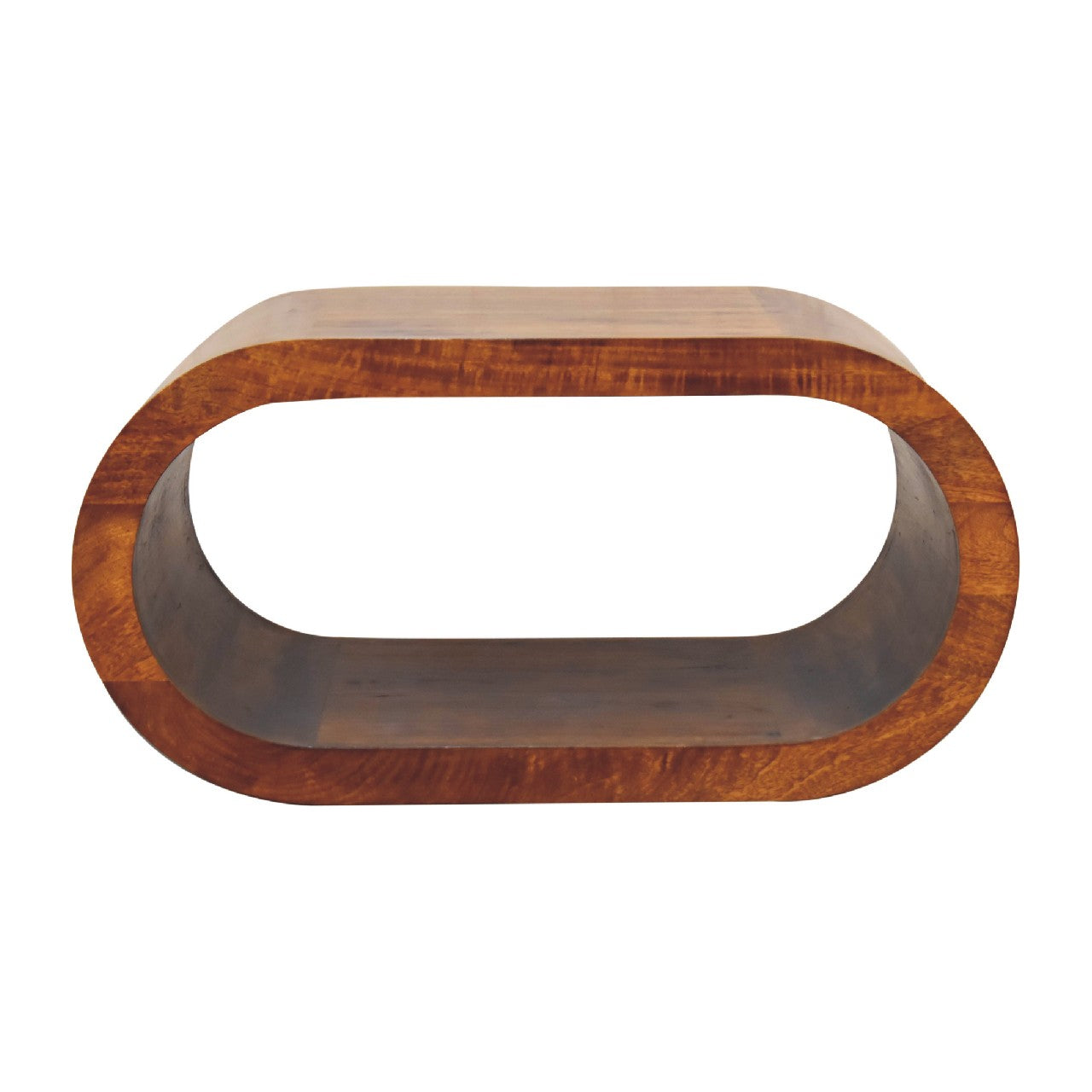 Modern oval coffee table with rich wood grain perfect for contemporary living rooms