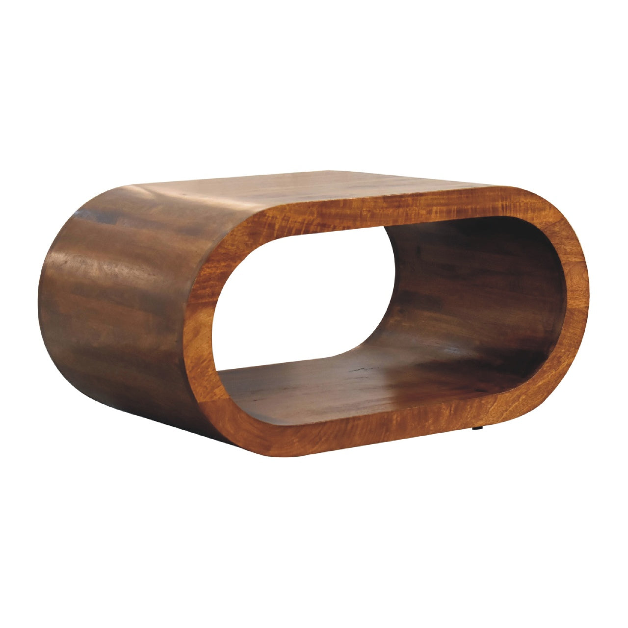 Curved wooden coffee table with a natural finish