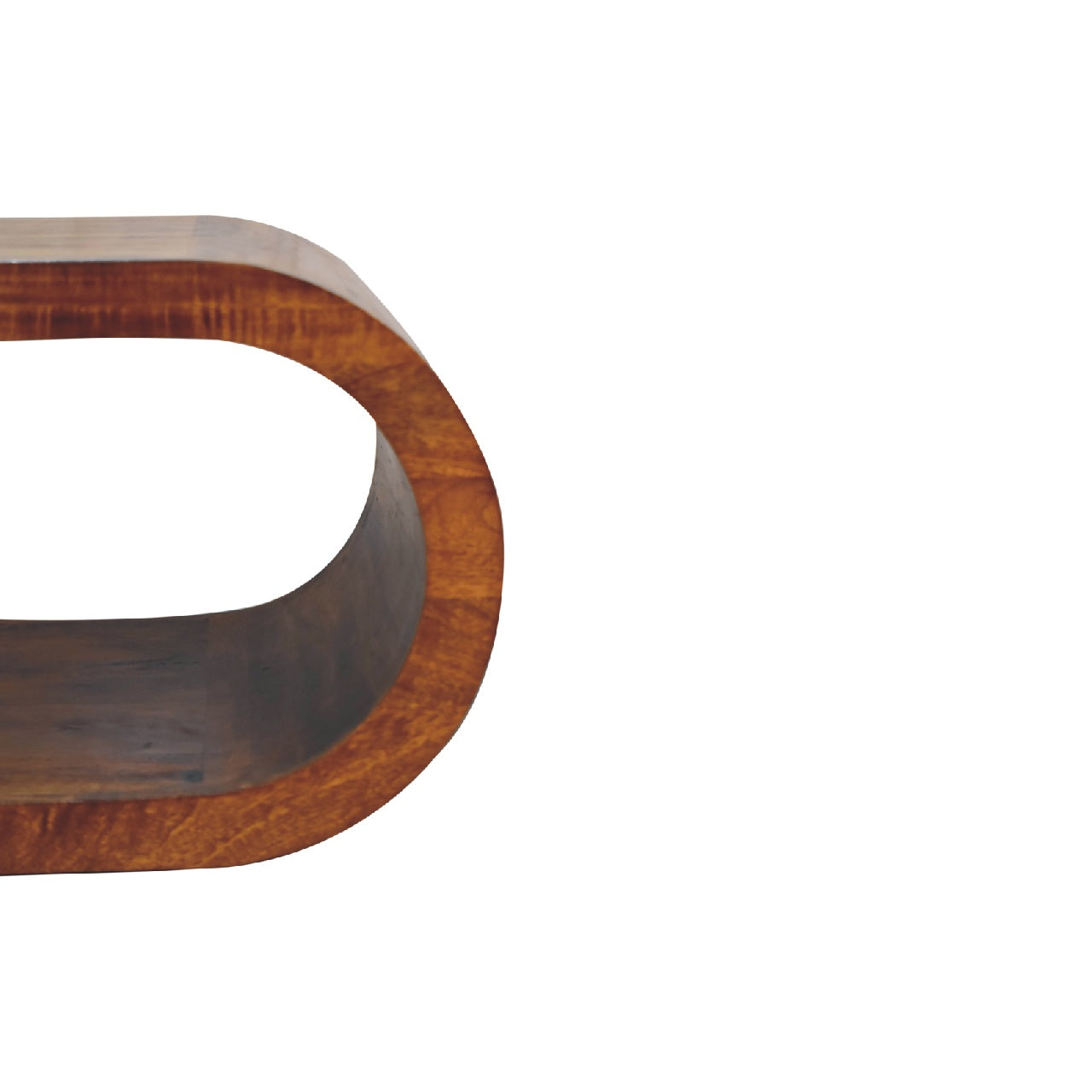 Curved wooden console table with rich grain detail