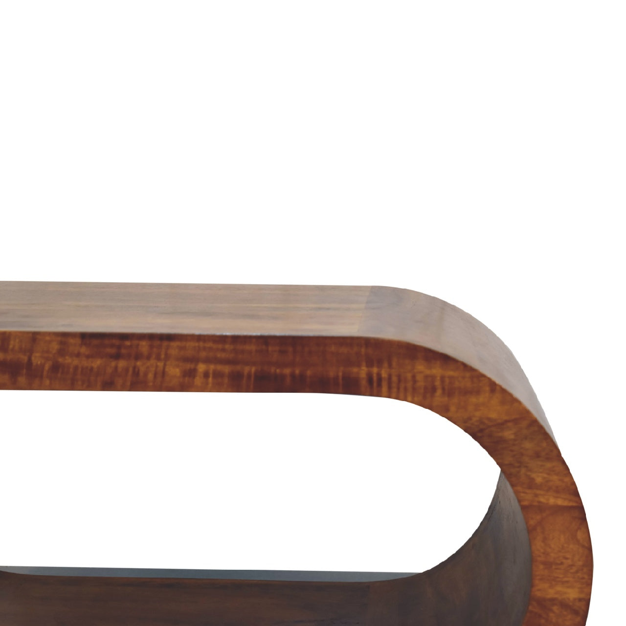 Curved wooden console table with natural wood grain texture