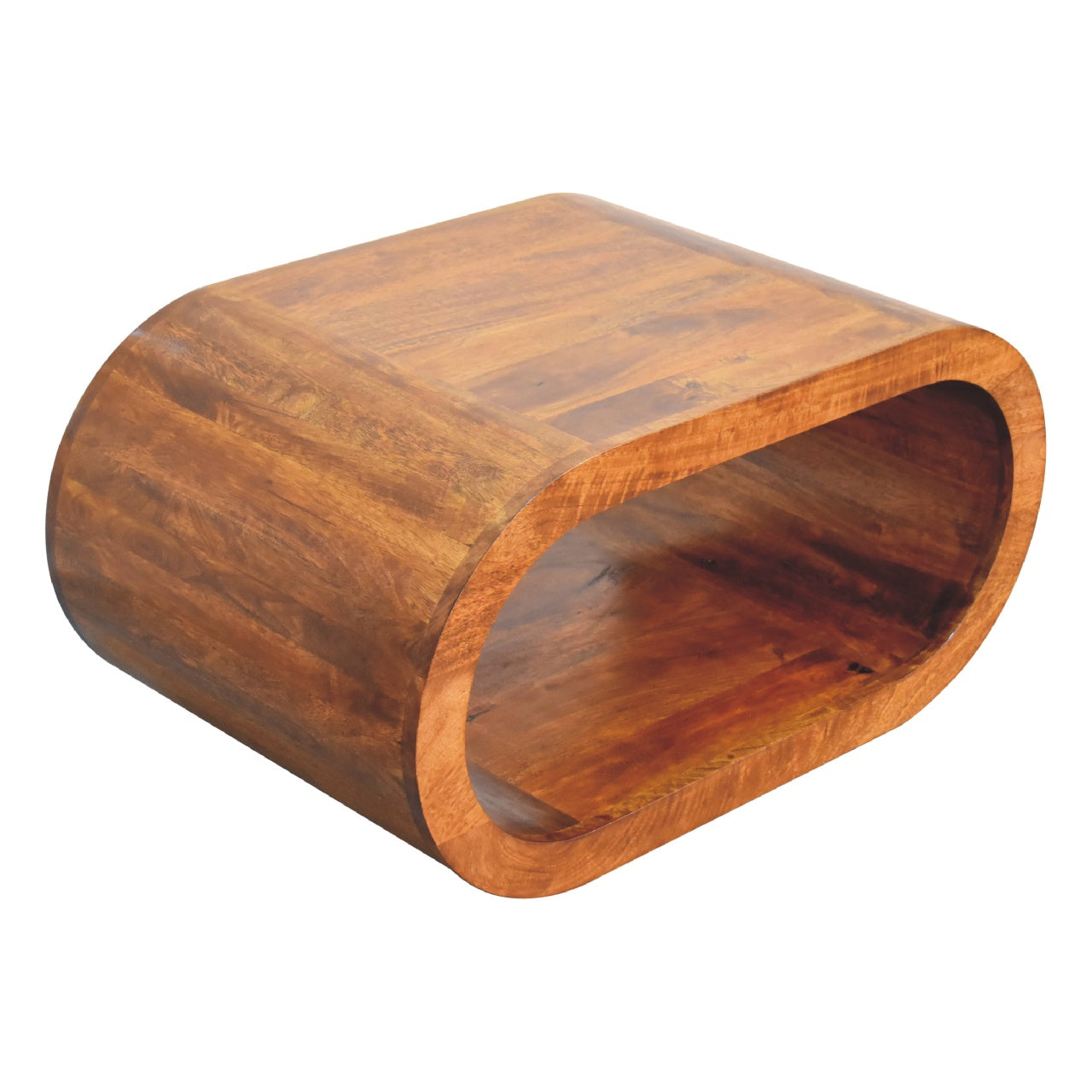 Curved wood side table with open storage in natural wood finish