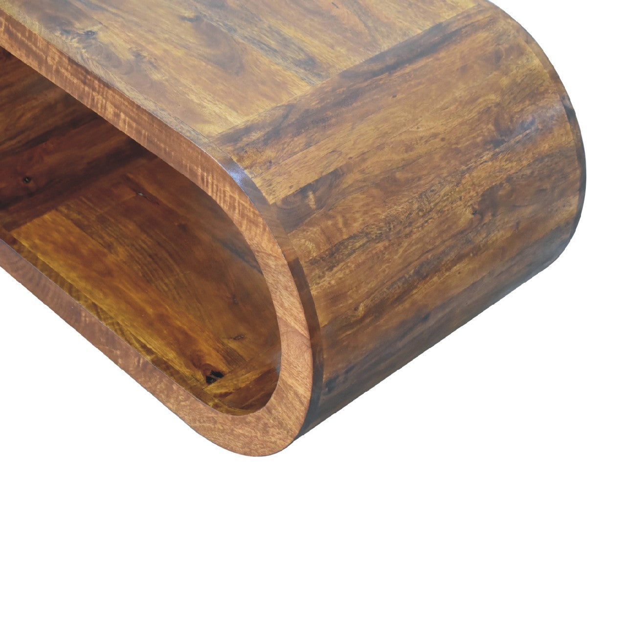 Curved wooden coffee table with integrated shelf warm wood tone