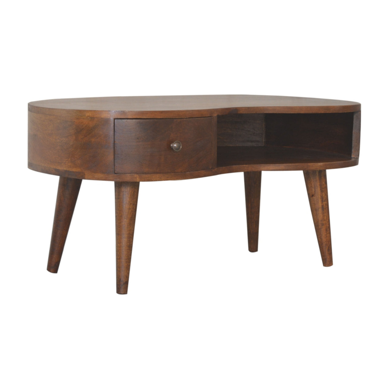 Midcentury modern mango wood coffee table with one drawer and an open shelf