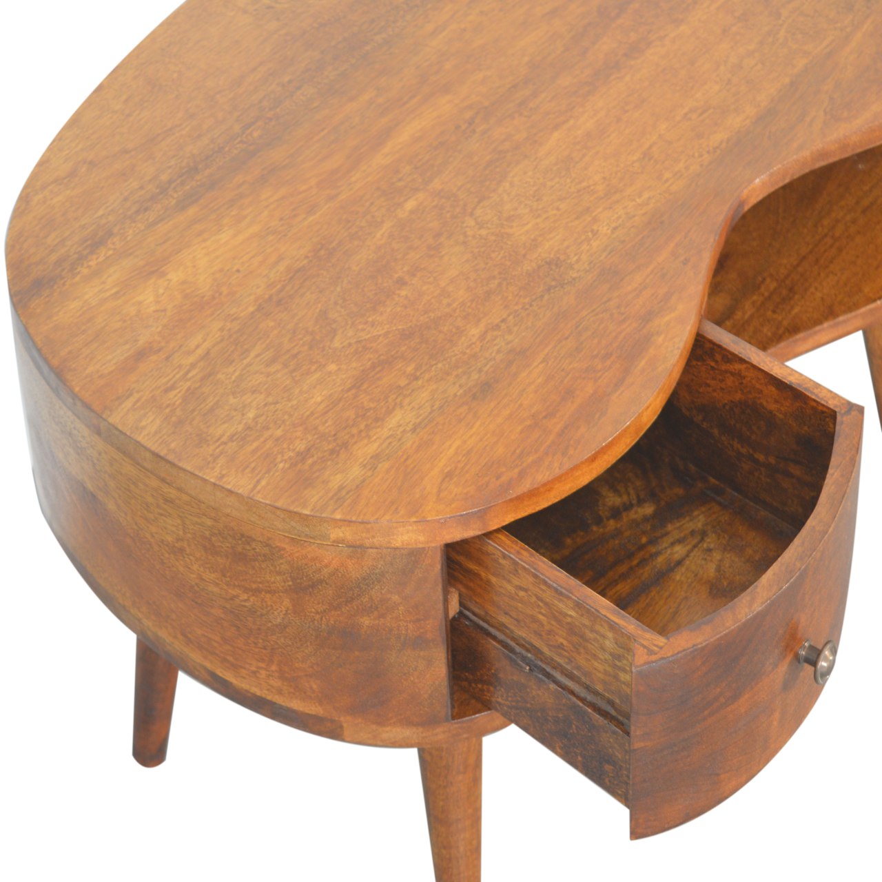Curved wooden bedside table with open drawer and brass knob detail