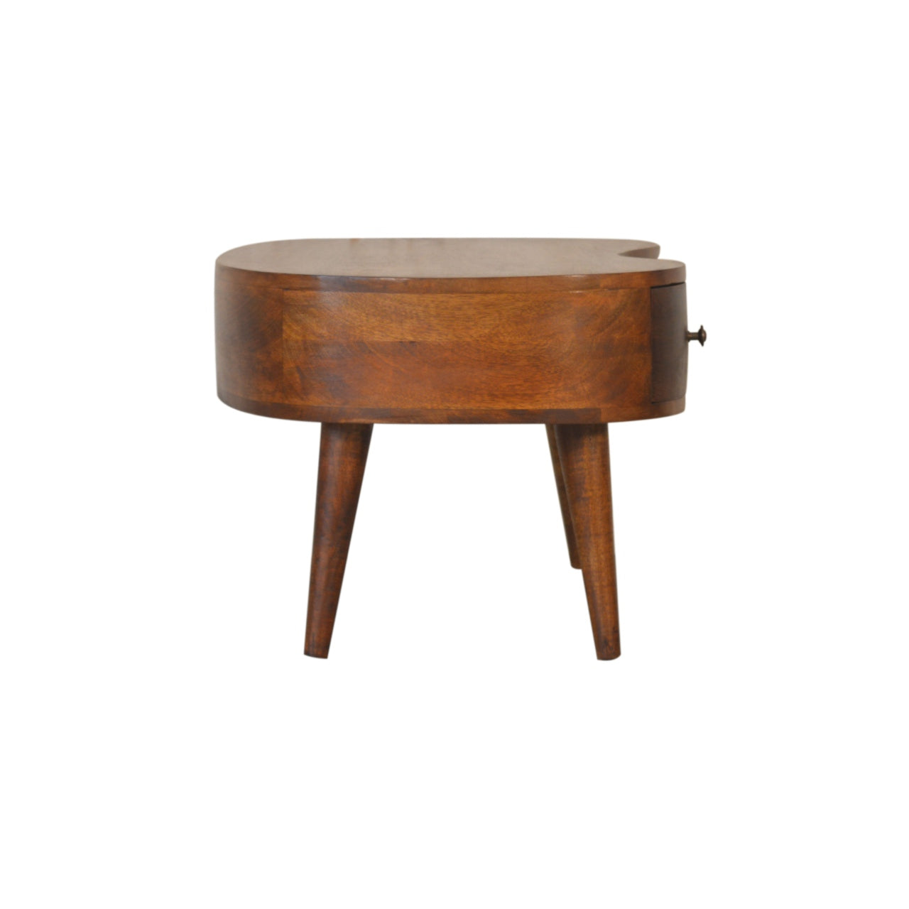 Brown wooden accent table with rounded top and single drawer