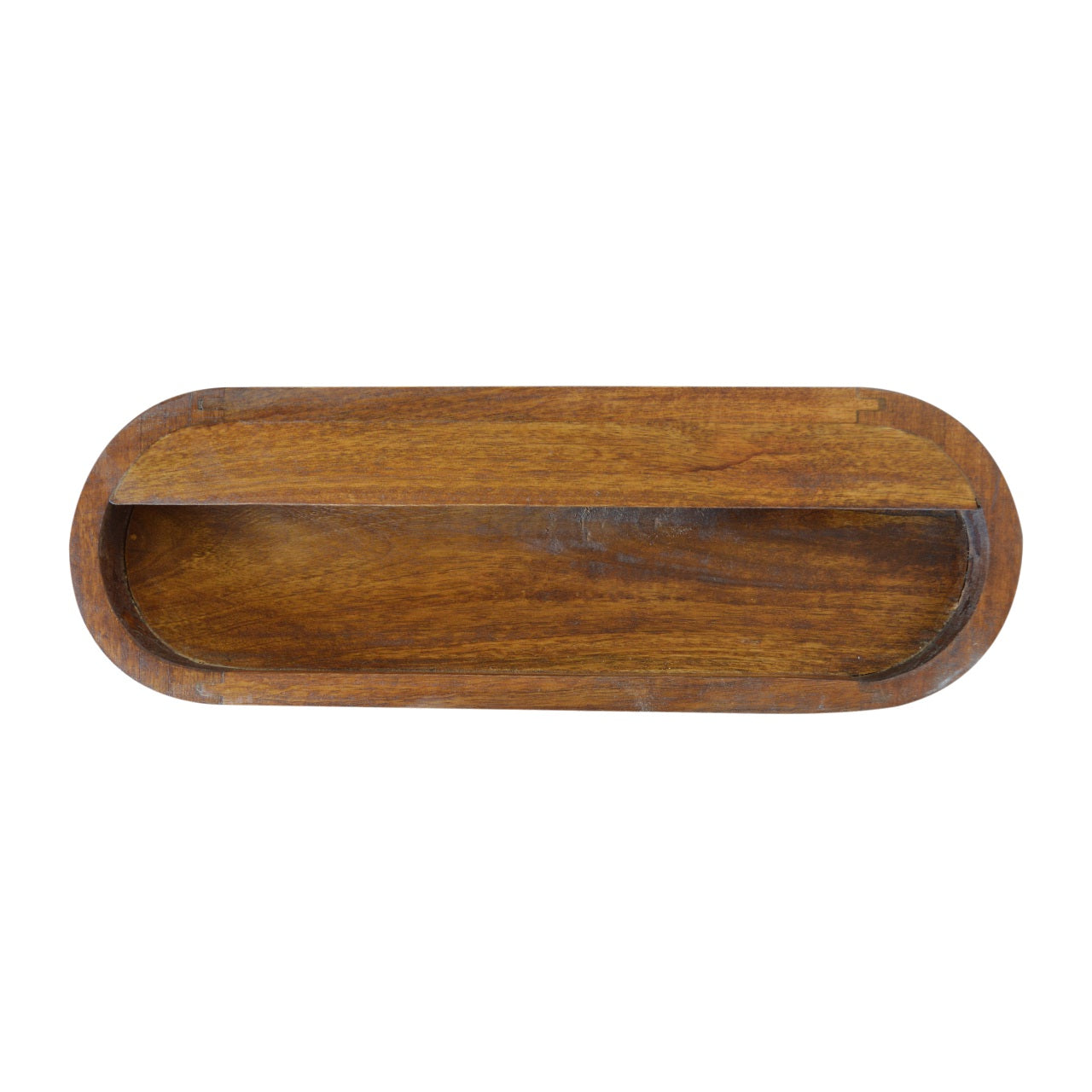Natural wood oval tray with a shallow compartment for serving snacks