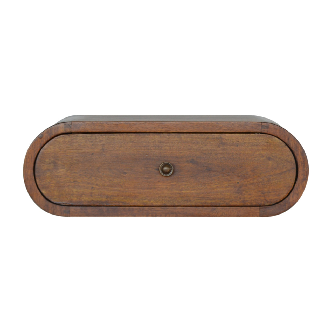 Rounded dark wood bedside table with a single drawer and brass knob