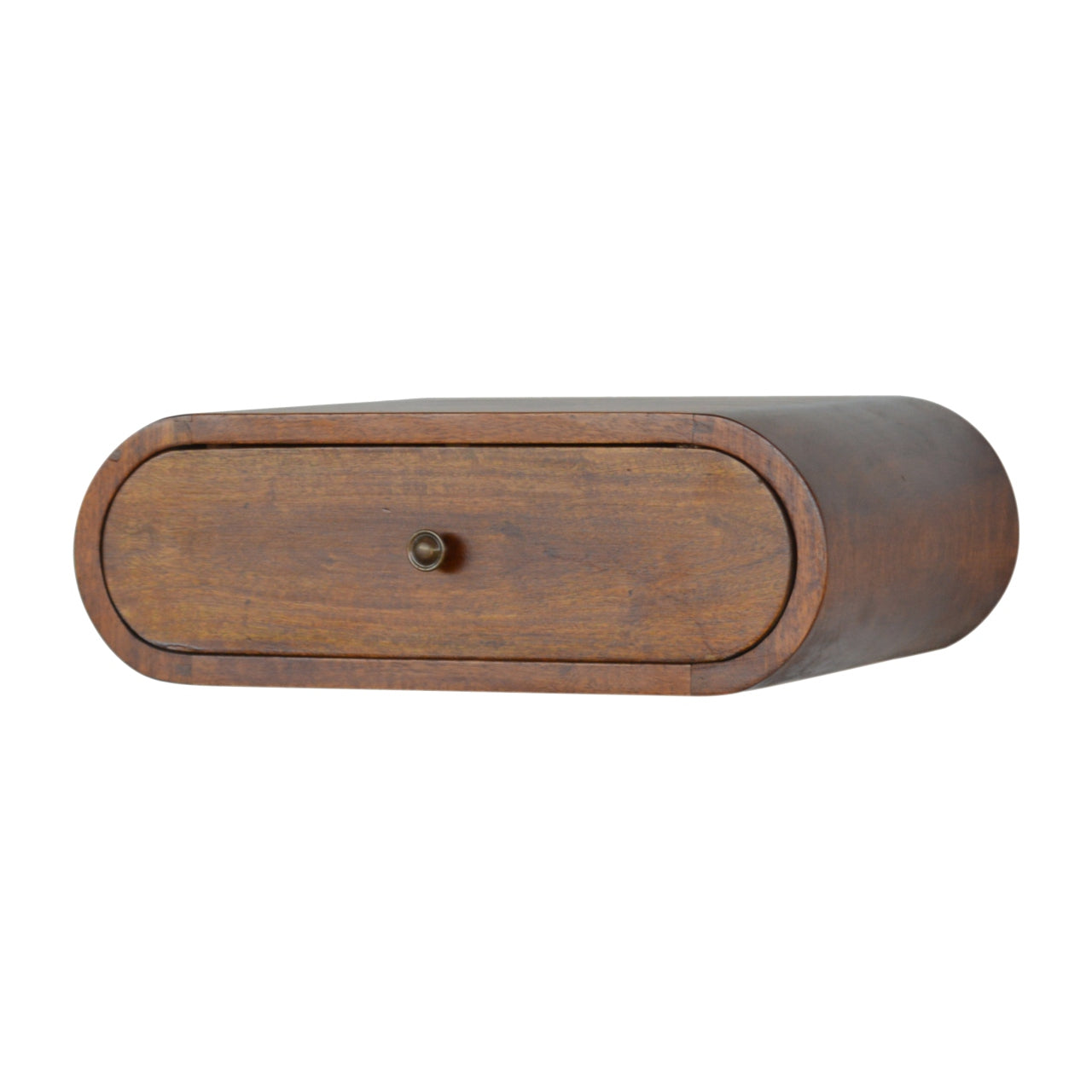 Curved wooden floating shelf with a single drawer and brass knob for storage