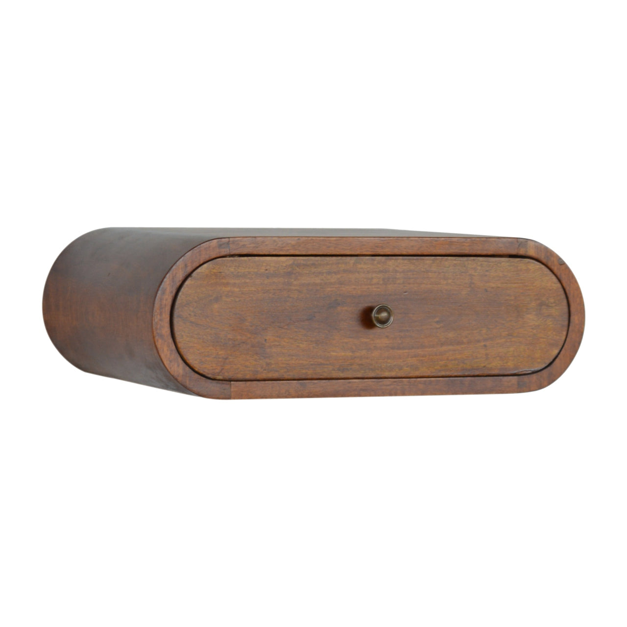 Curved wooden bedside table with one drawer and brass knob minimalist design