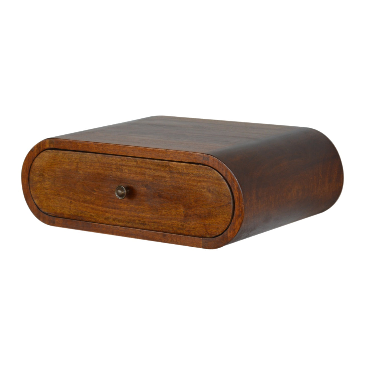 Curved wood bedside table with one drawer and a round metal knob