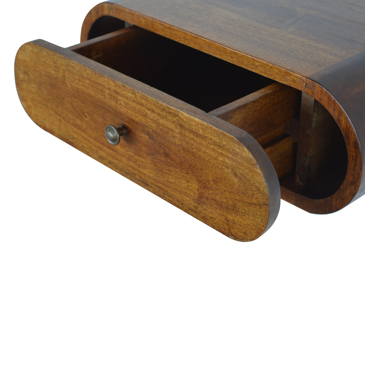 Solid wood desk drawer with a curved front and brass knob