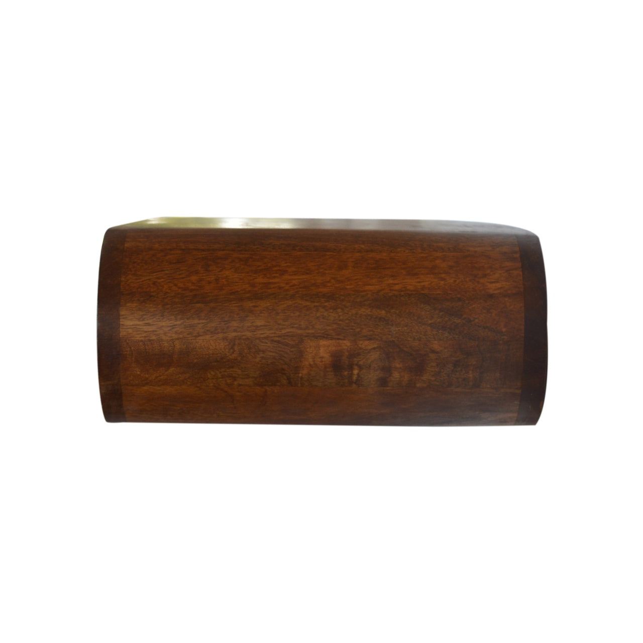 Richly grained walnut wood bedside table with curved edges