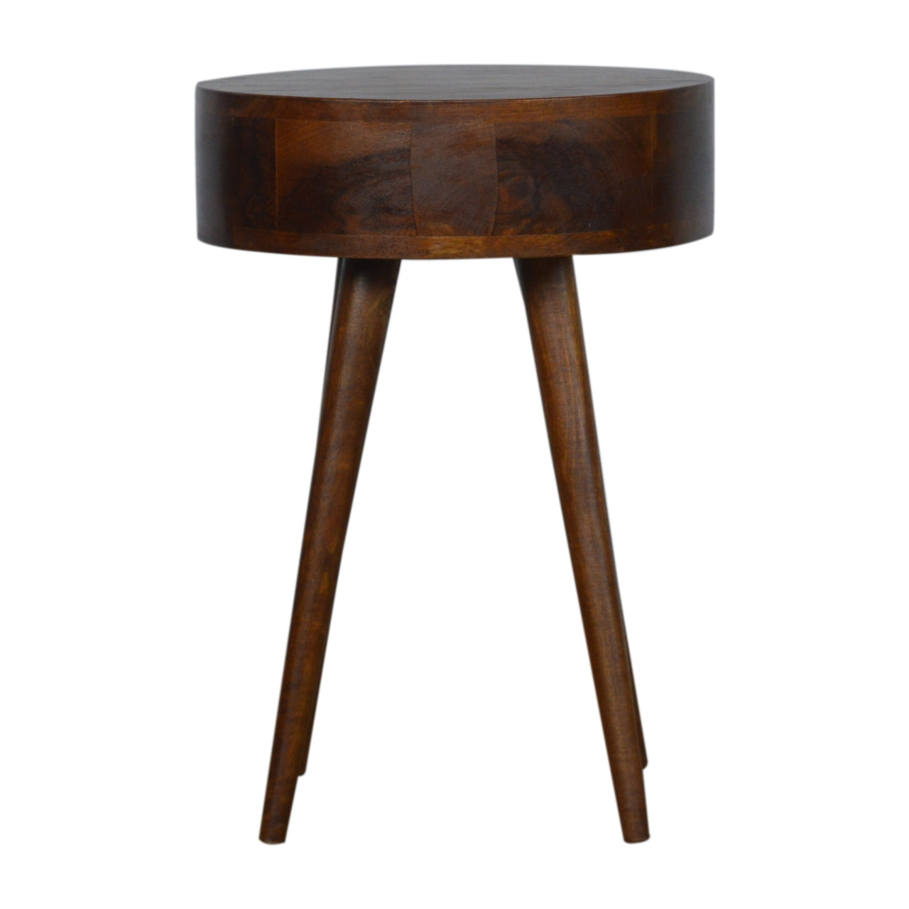 Round dark wood accent table with tapered legs