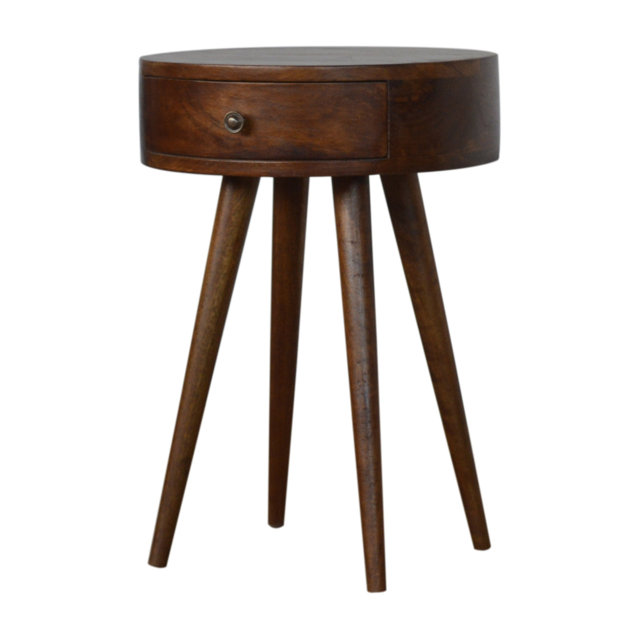 Round dark wood accent table with one drawer and tapered legs