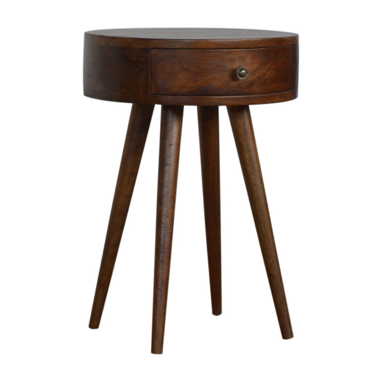 Round dark wood bedside table with single drawer and tapered legs