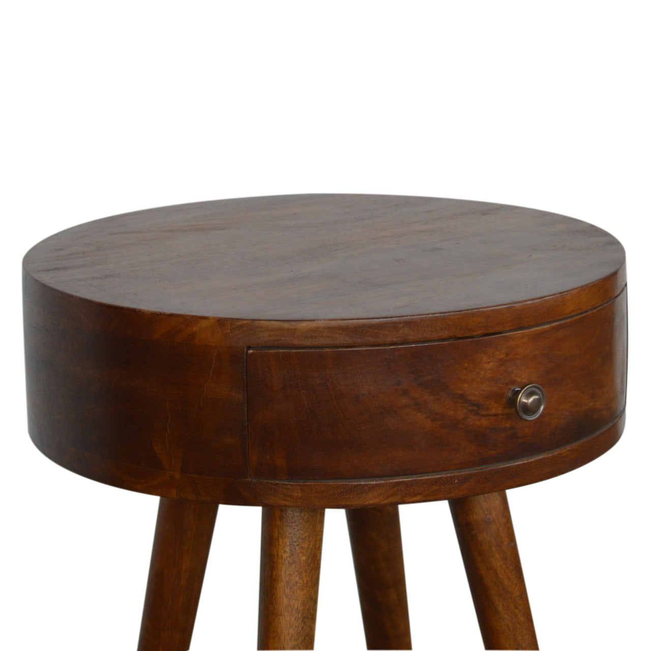 Round wooden side table with drawer and tapered legs