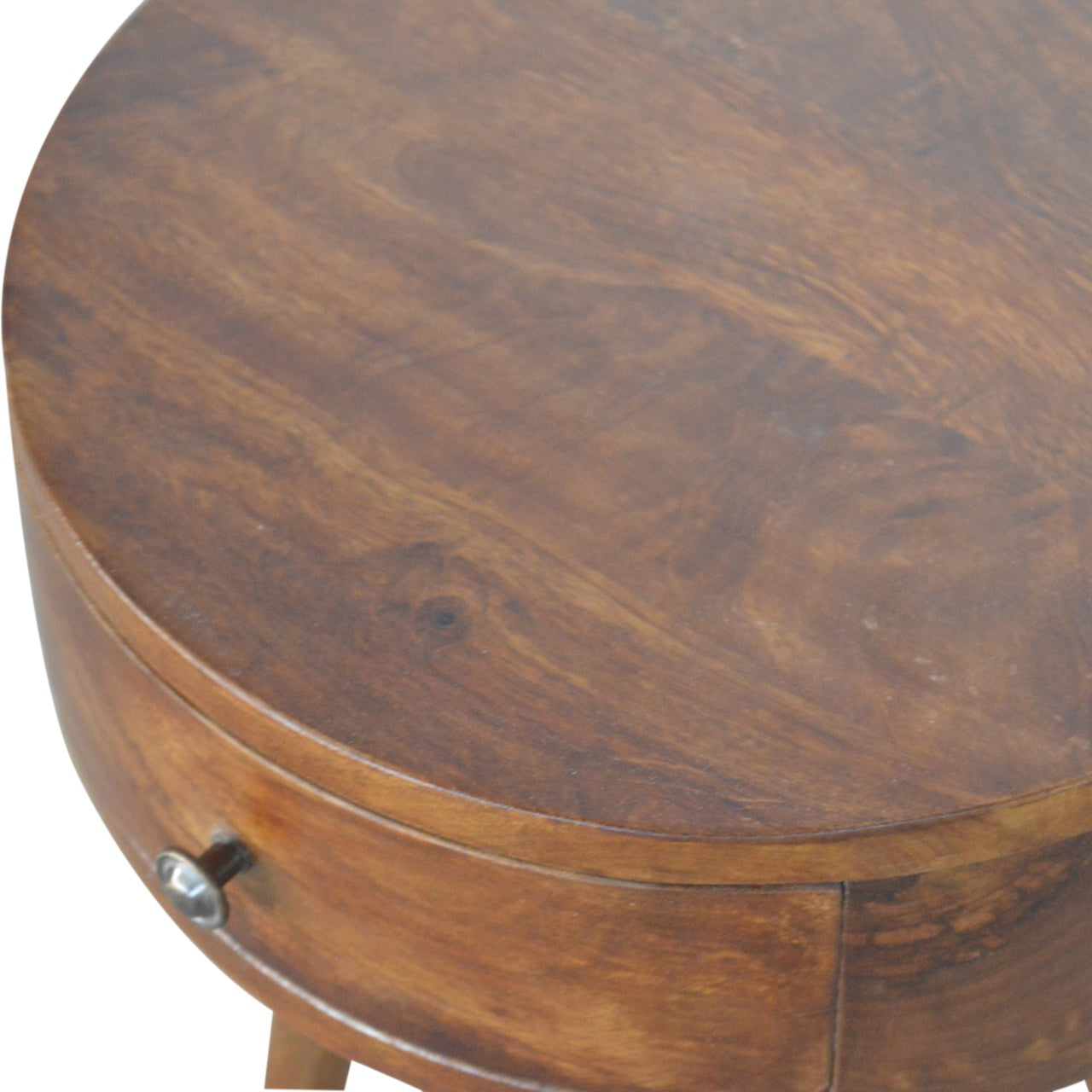 Round solid wood side table with one drawer featuring a natural finish