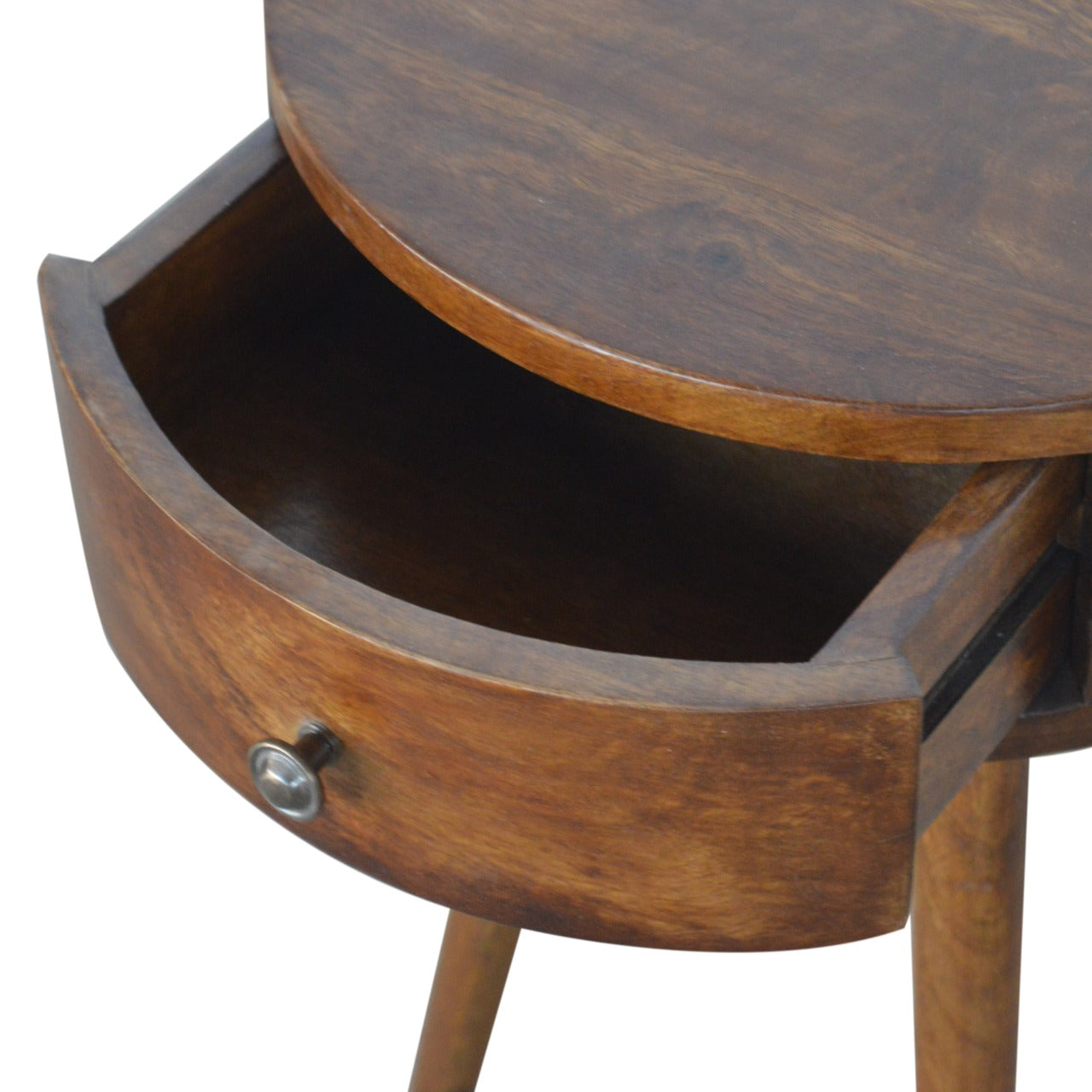 Round wooden accent table with partially open drawer showing storage space
