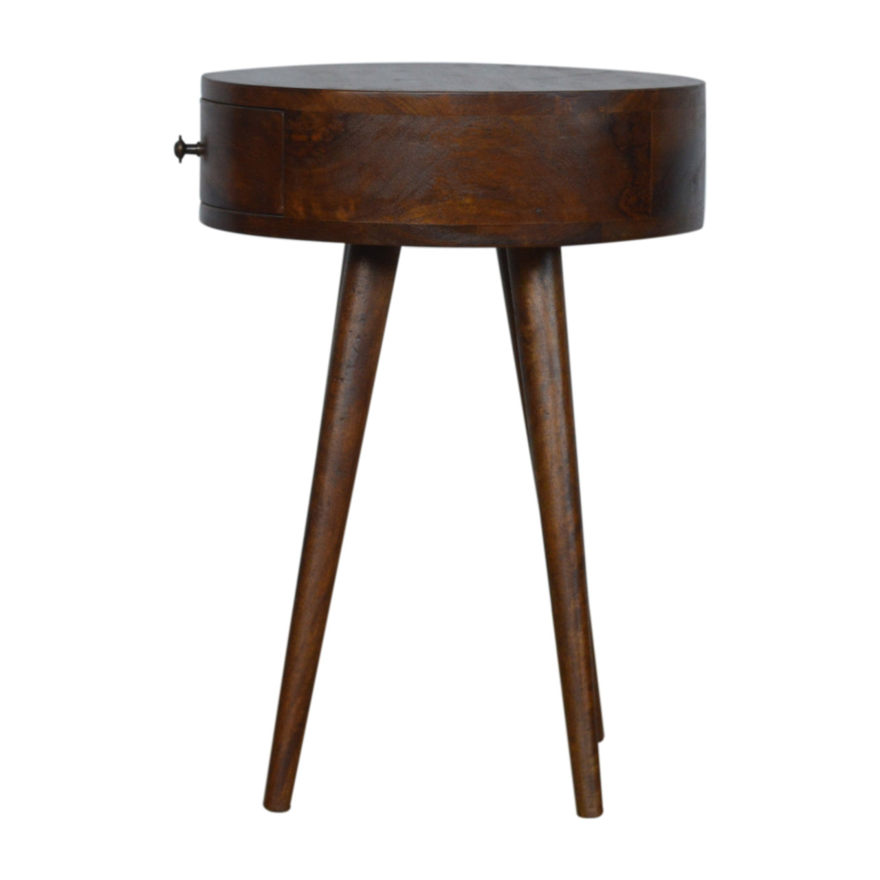 Round wooden bedside table with tapered legs and one drawer