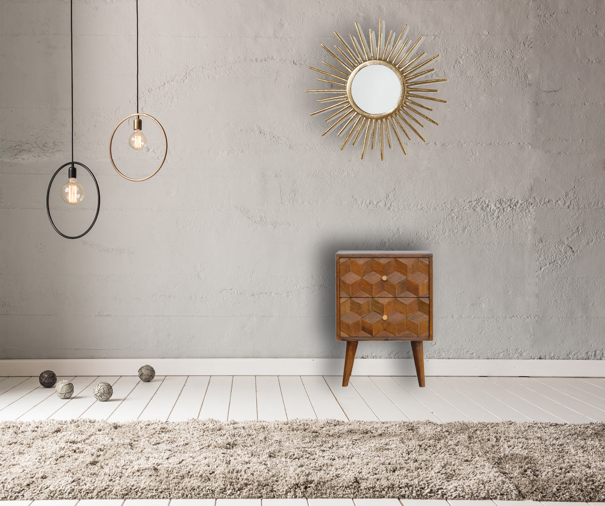Geometric pattern wood bedside table with two drawers and brass knobs