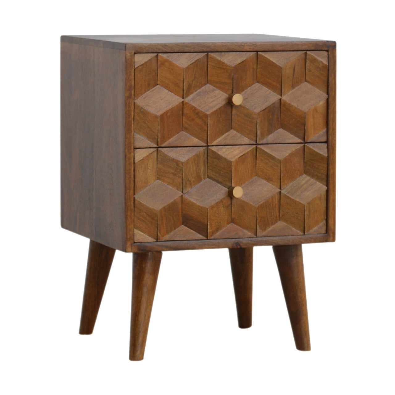 Solid wood bedside table with geometric carved drawer fronts and tapered legs