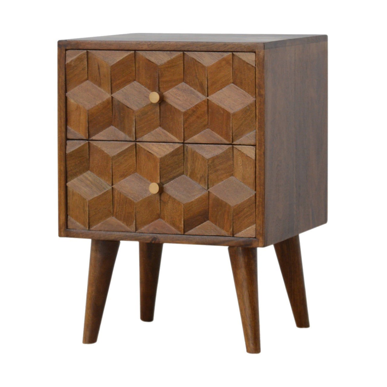 Brown wooden bedside table with geometric carved drawers and tapered legs