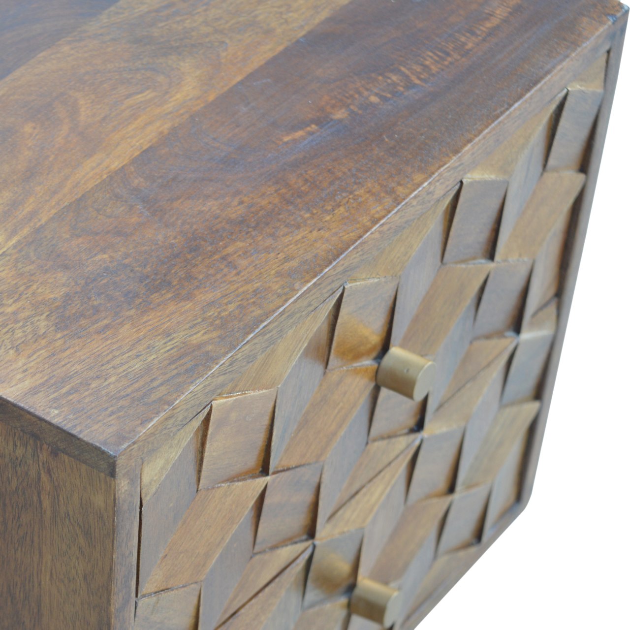 Brown wooden end table with geometric carved design