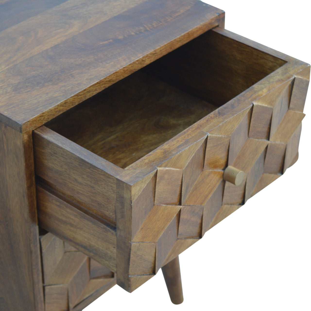 Wooden bedside table with geometric drawer front and open drawer