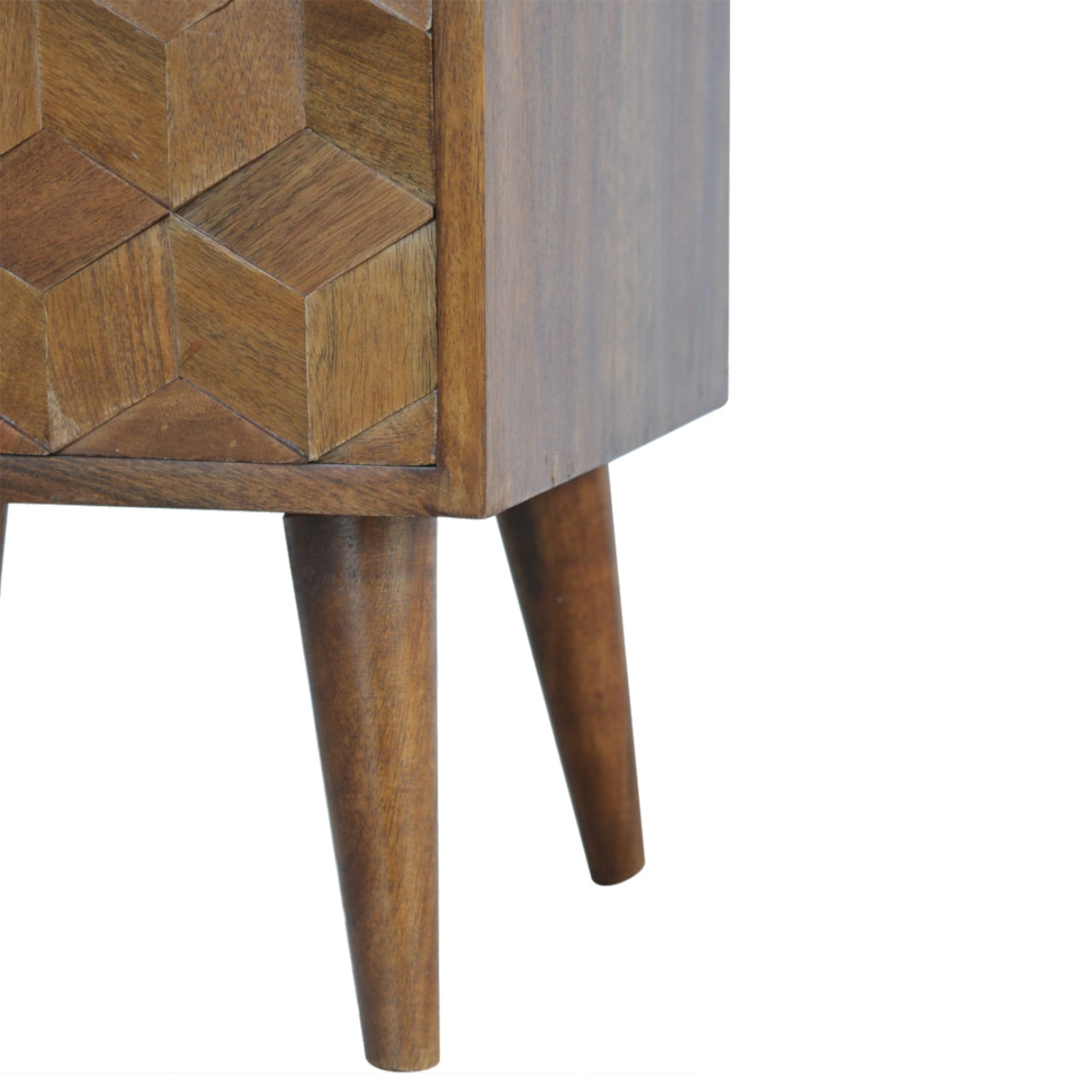 Wooden geometric inlay accent cabinet with tapered legs and carved texture detail