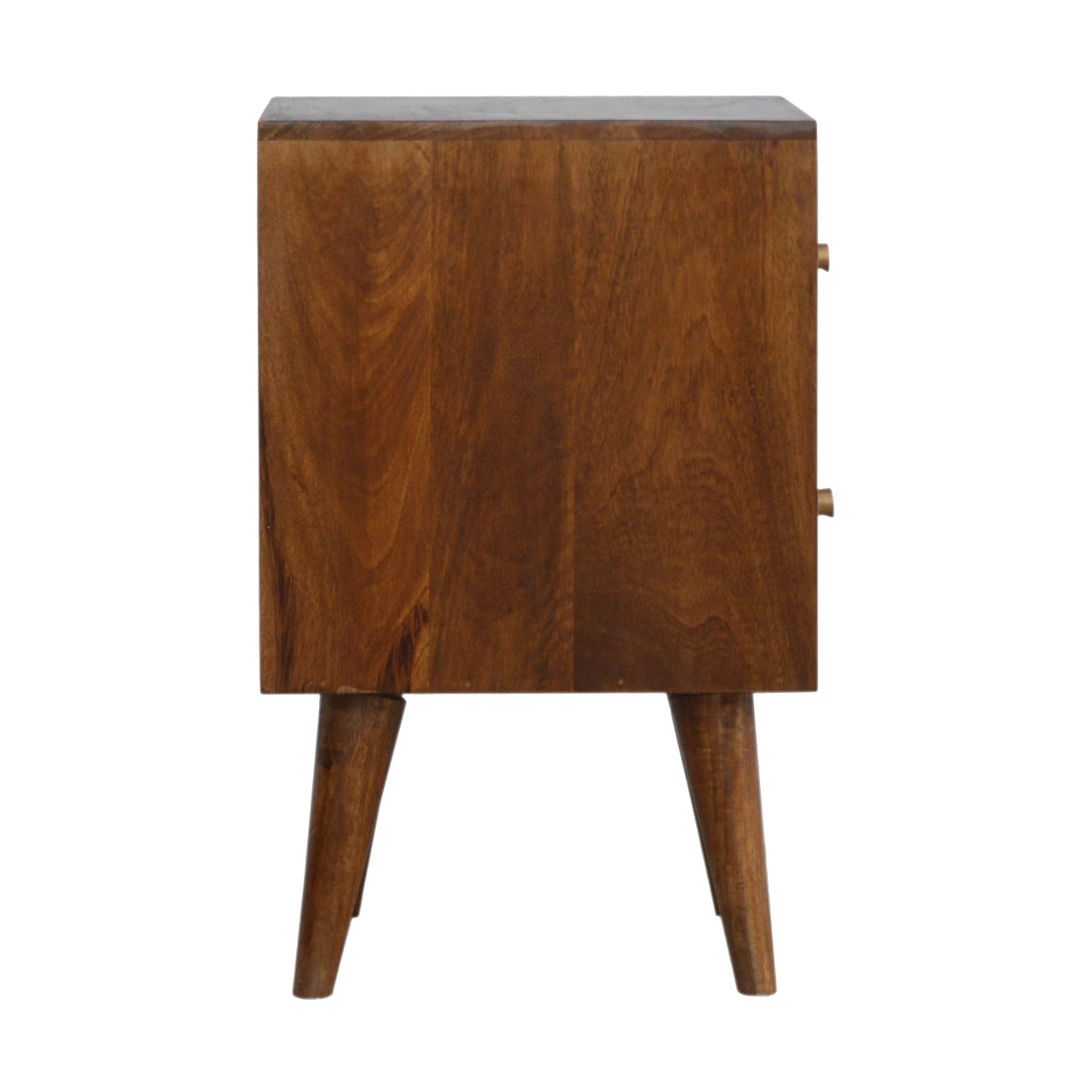 Midcentury modern bedside table crafted from rich dark wood with tapered legs