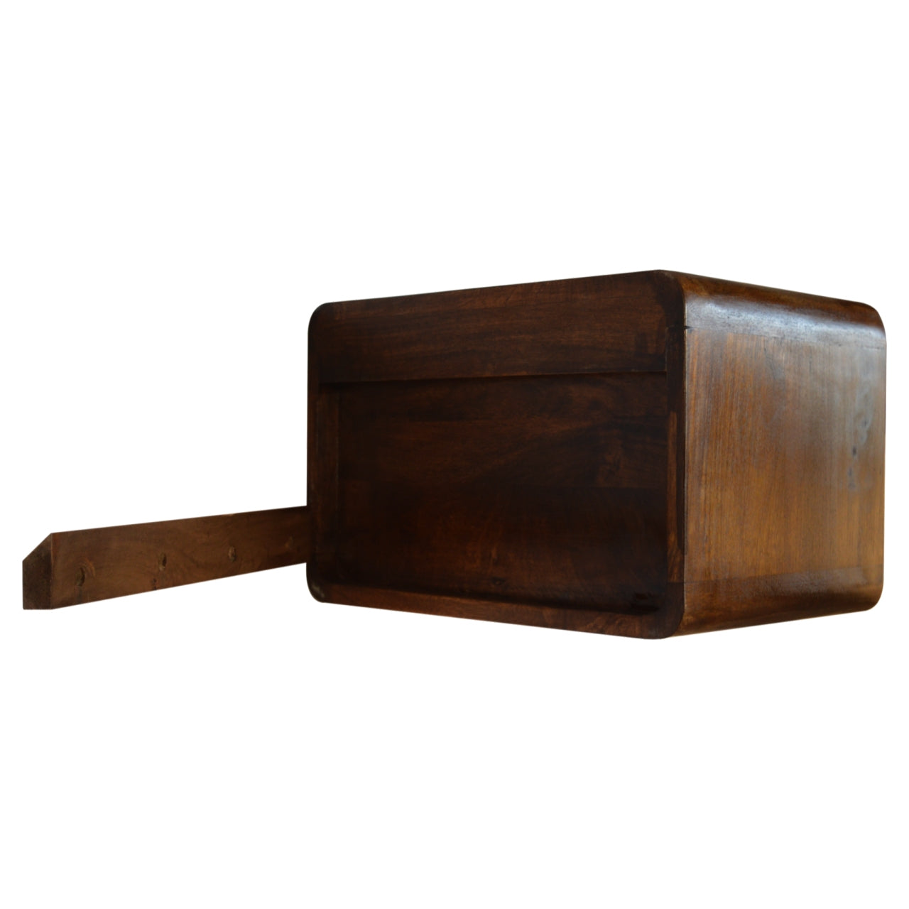 Dark wood floating shelf with rounded edges perfect for modern decor
