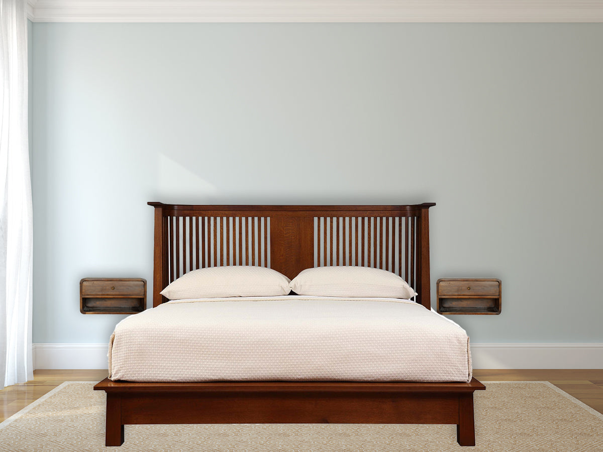Mission style wood bed frame with slatted headboard and two floating nightstands