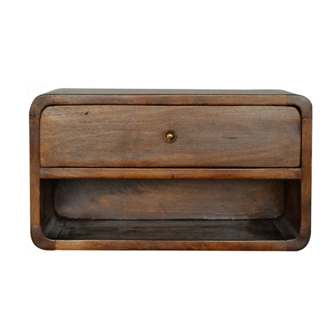 Solid wood floating nightstand with one drawer and open shelf