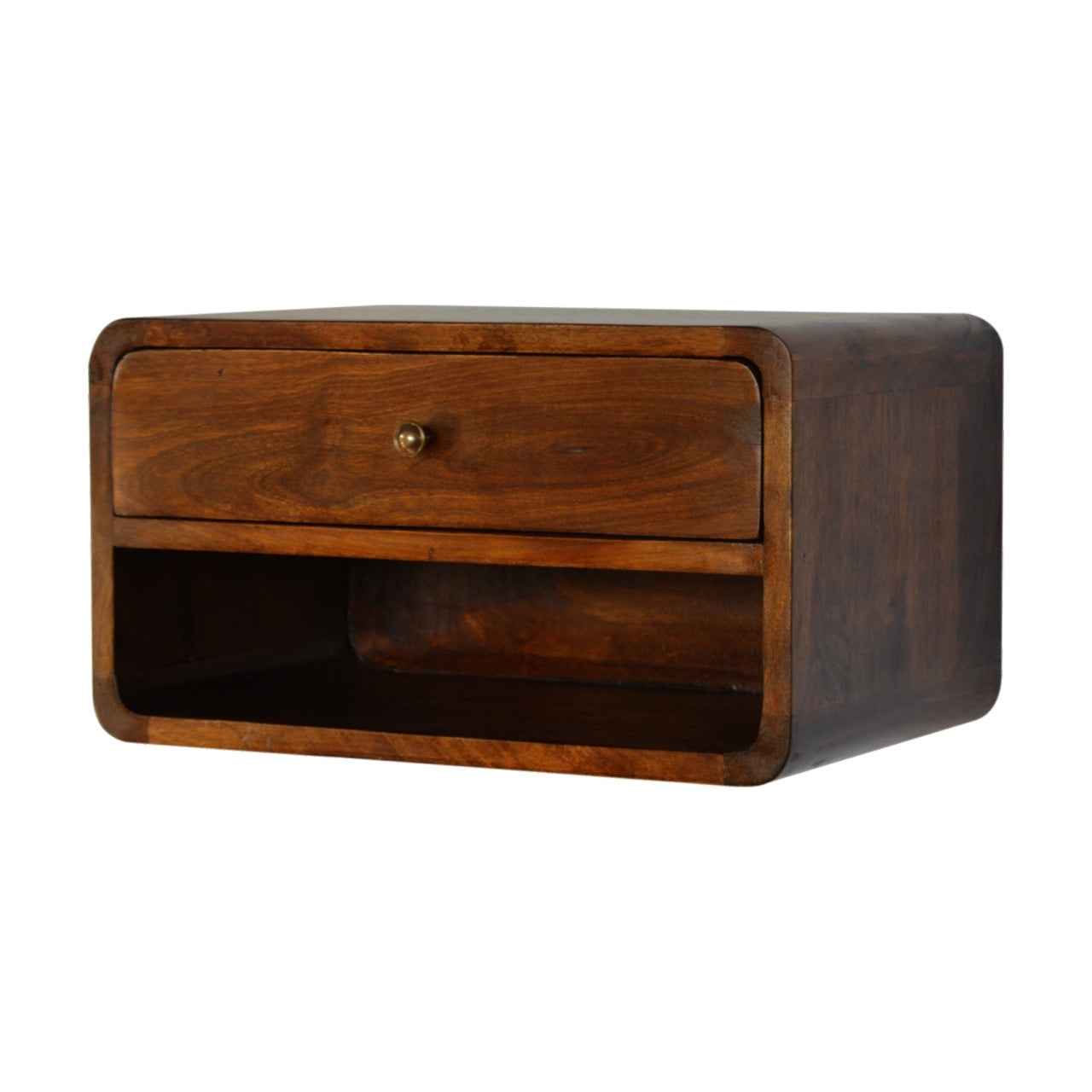 Floating walnut nightstand with single drawer and open shelf