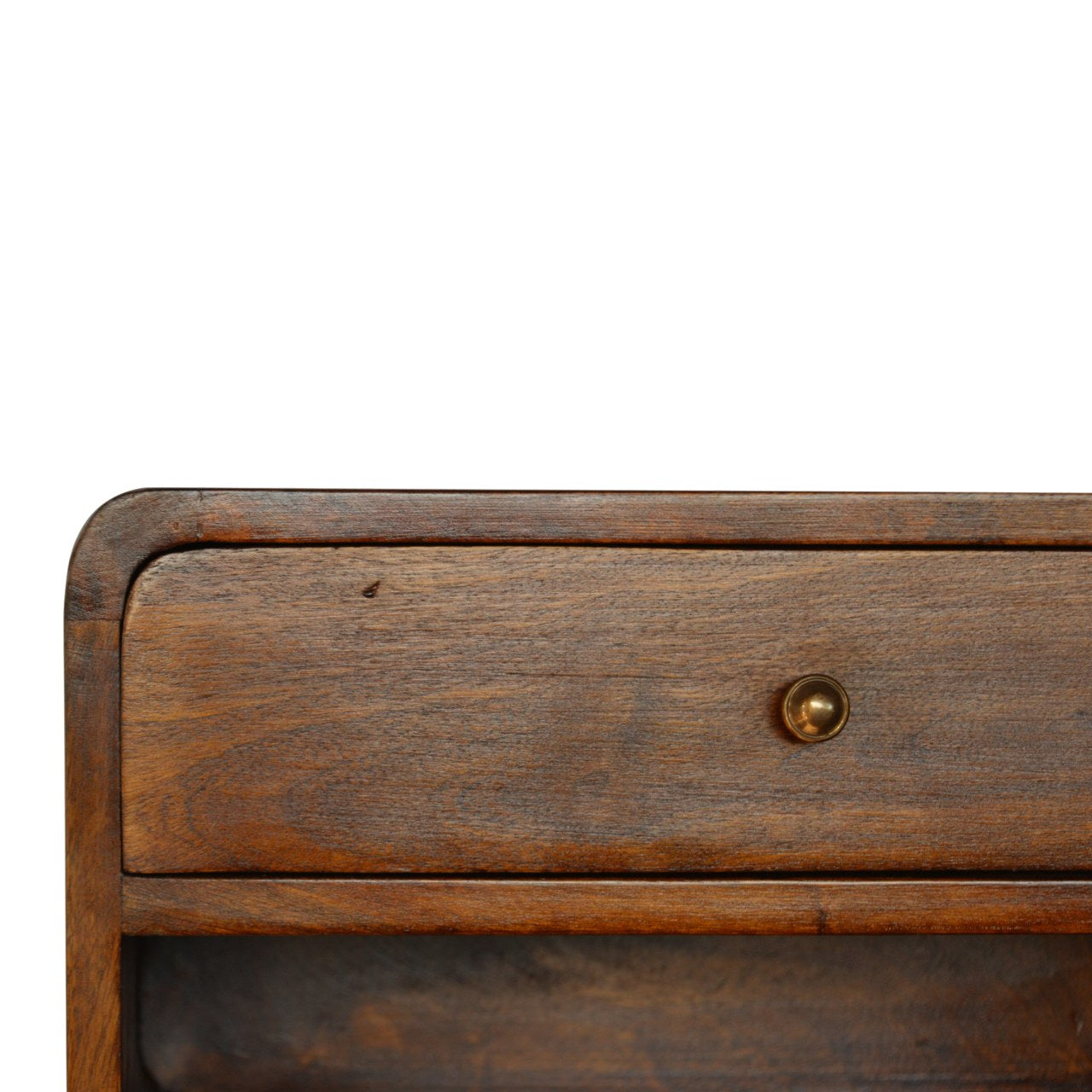 Solid wood bedside table with one drawer and brass knob
