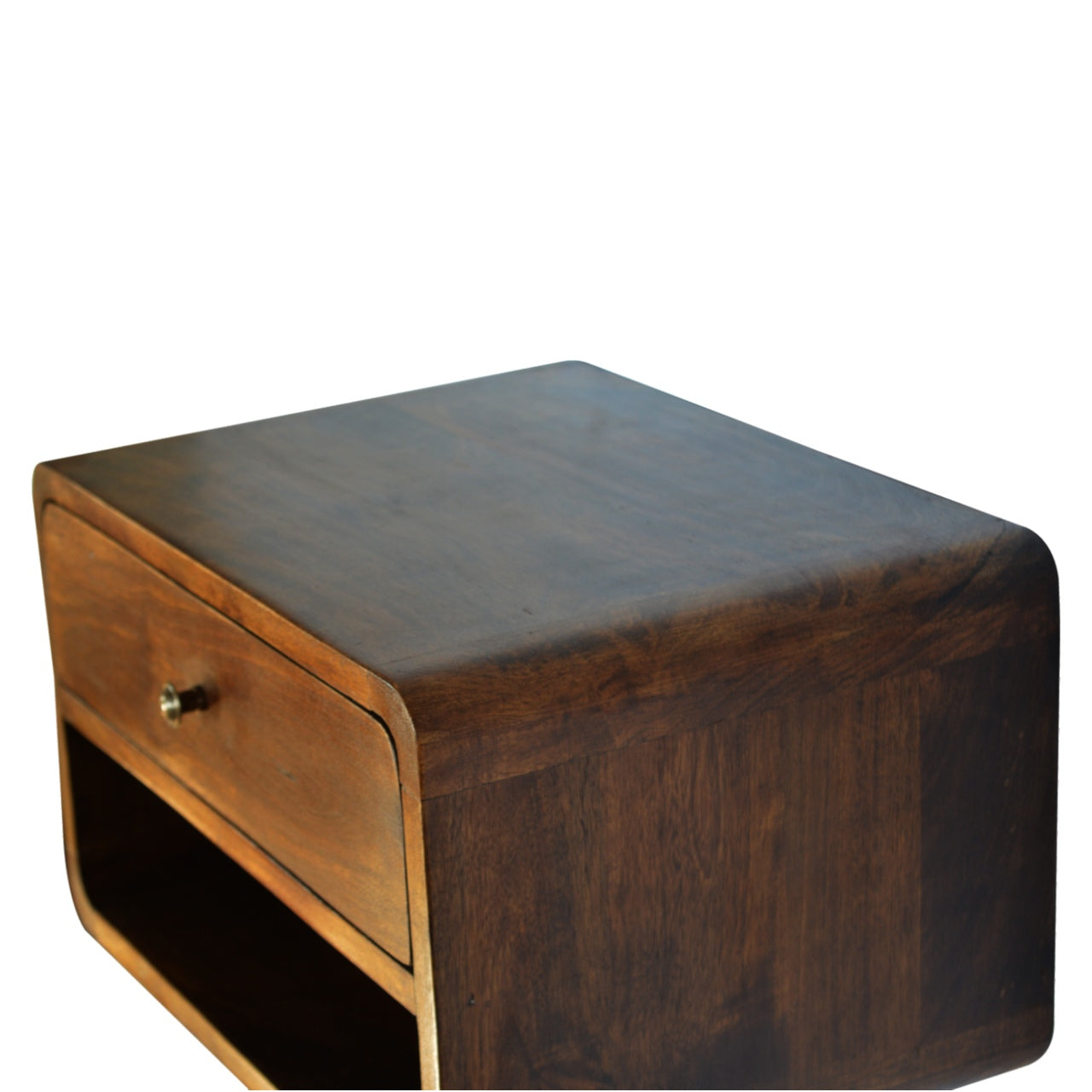 Dark wood bedside table with rounded edges and single drawer