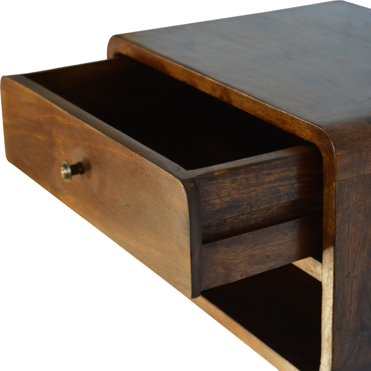Wooden side table with one open drawer showcasing rich brown finish