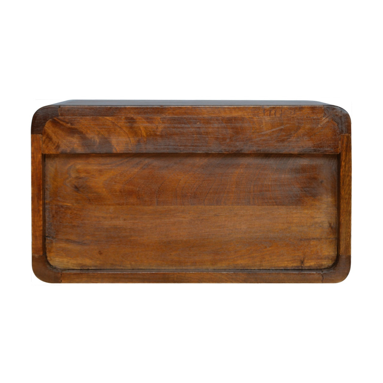 Rustic wooden storage chest with rich brown finish and curved edges ideal for home organization