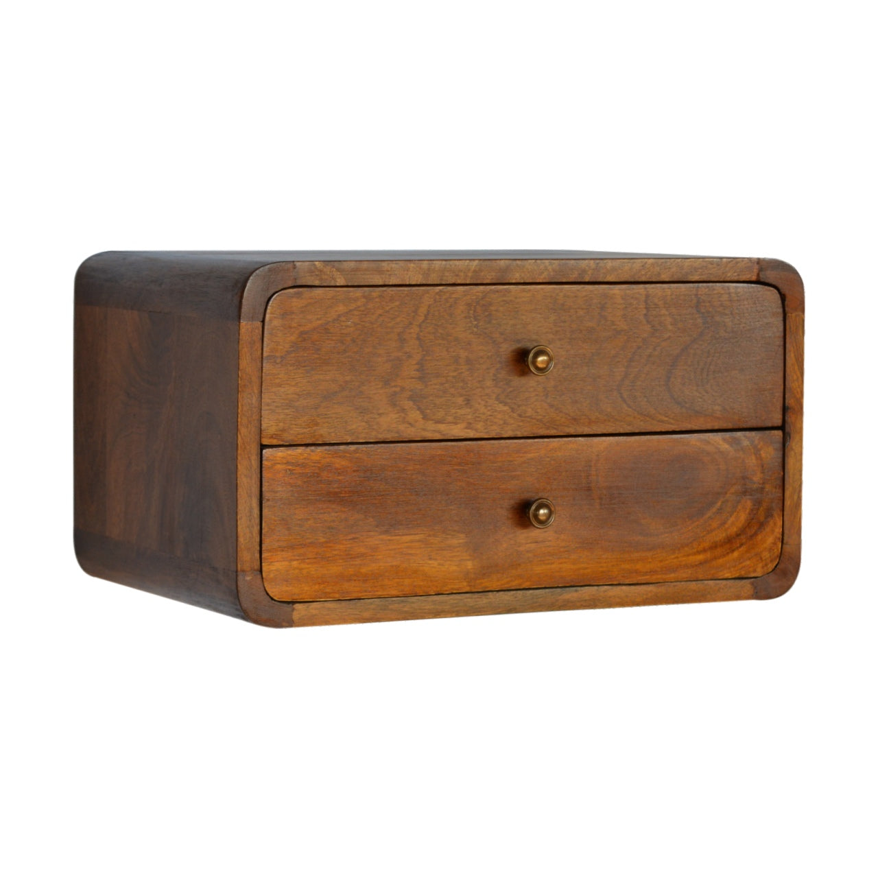 Dark wood twodrawer desk organizer with brass knobs
