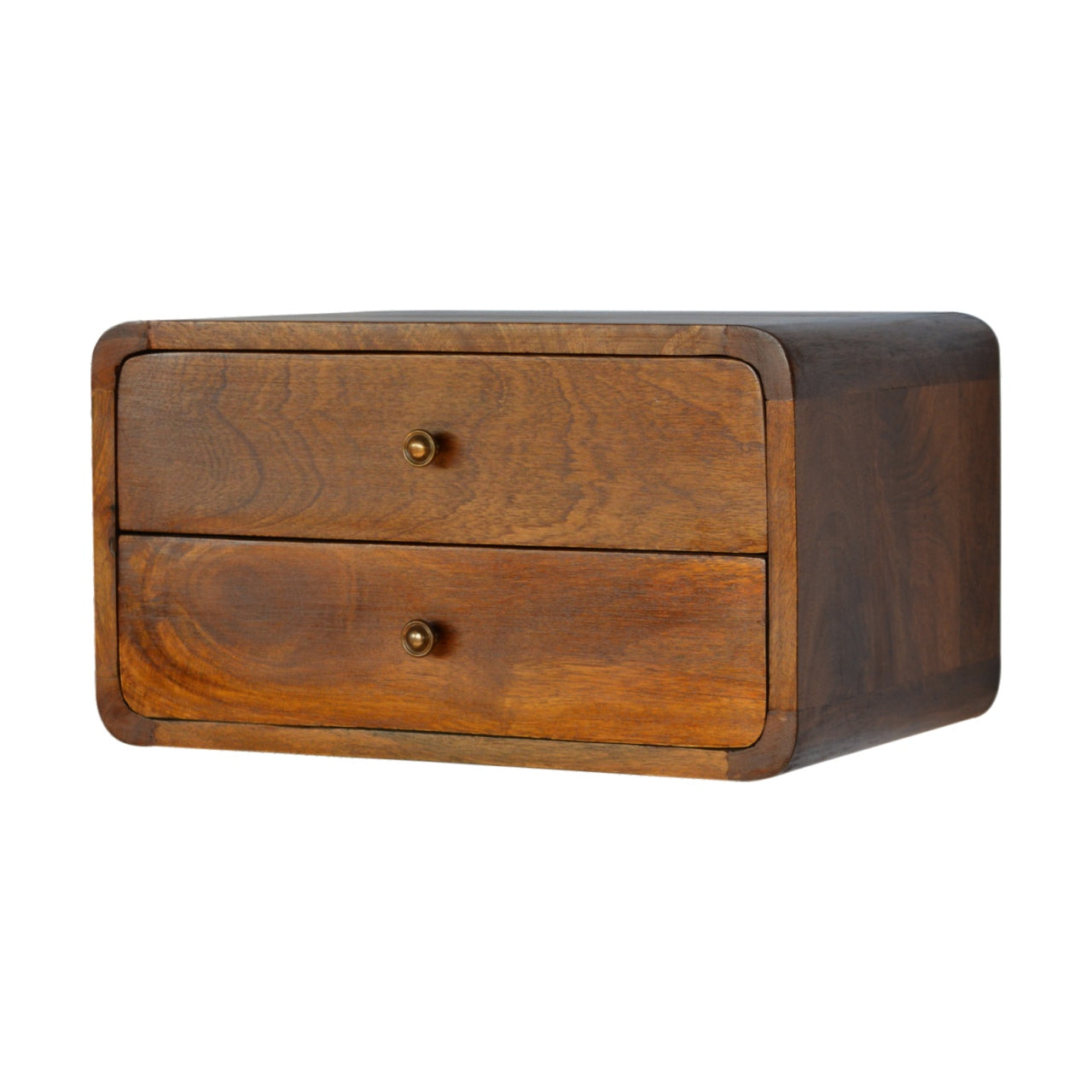 Walnut finish wooden twodrawer desktop organizer with round brass knobs