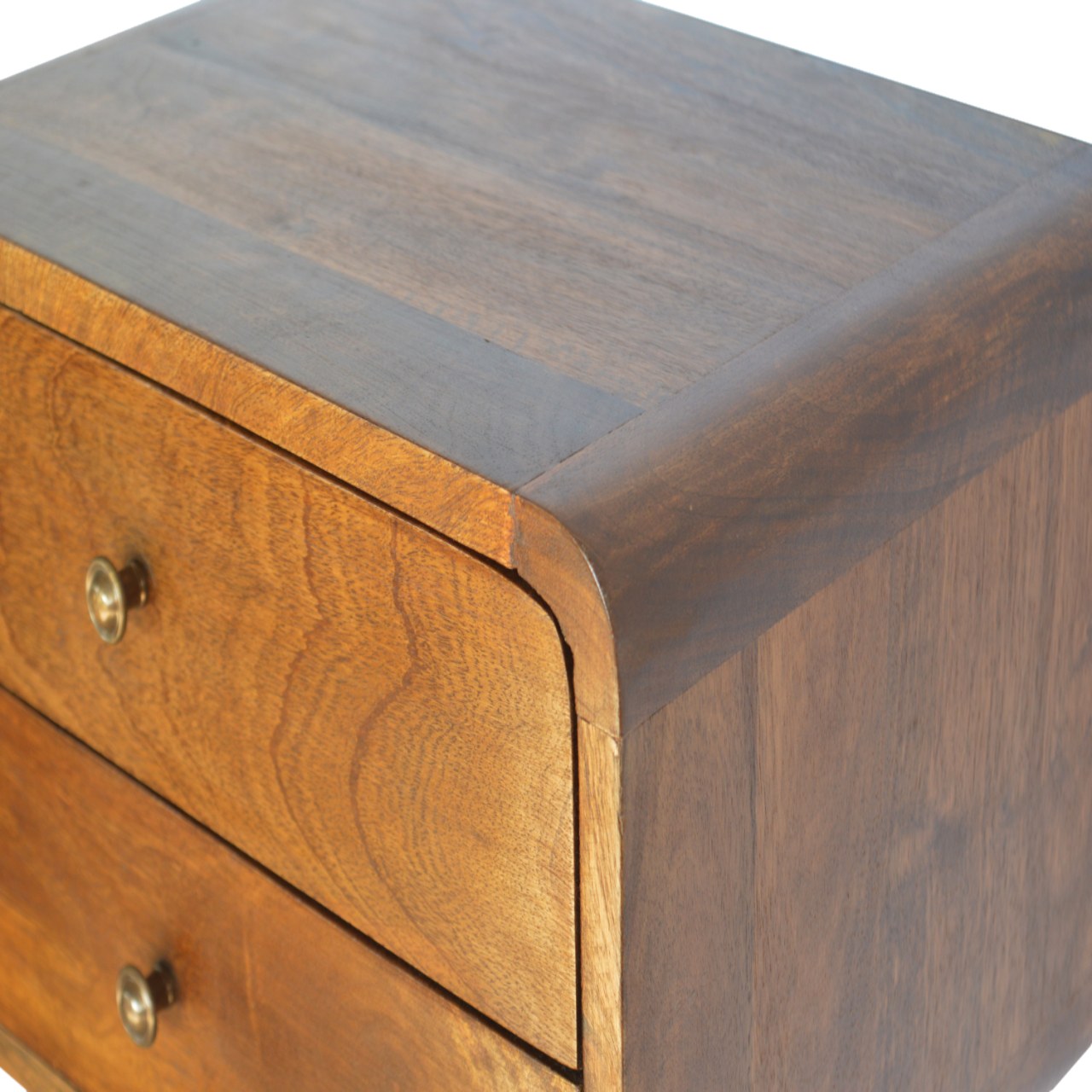 Modern bedside table with two wooden drawers and brass knobs
