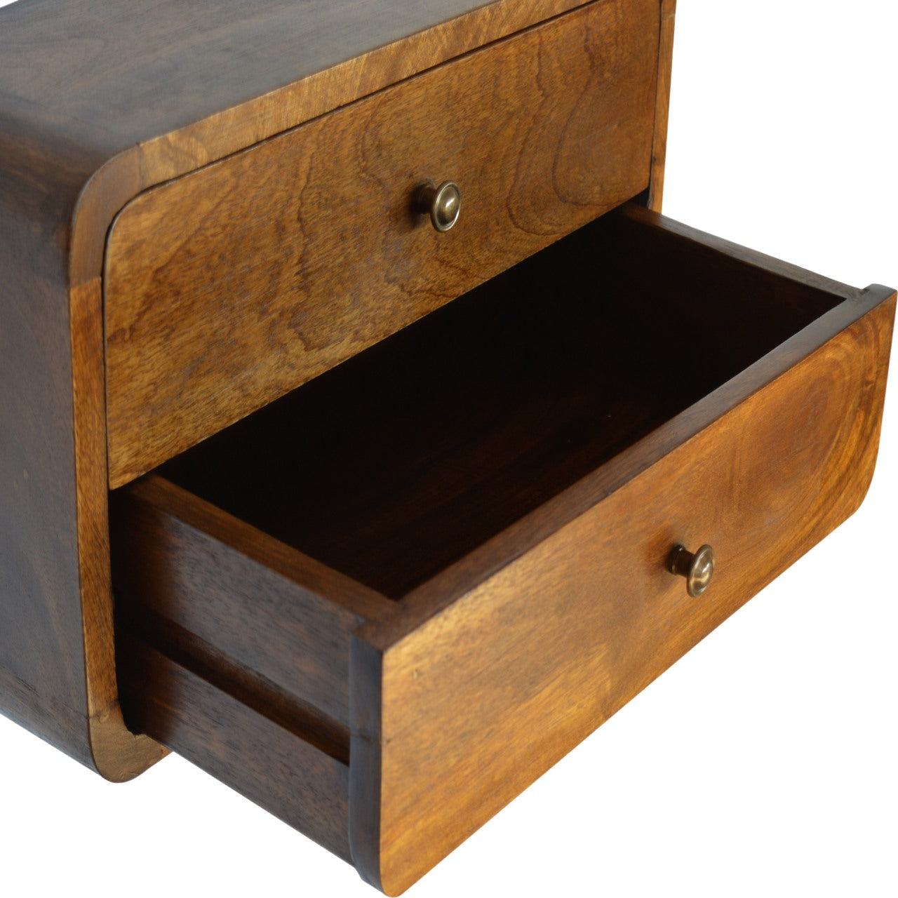 Solid wood desk organizer with two drawers and brass pulls perfect for a home office setup