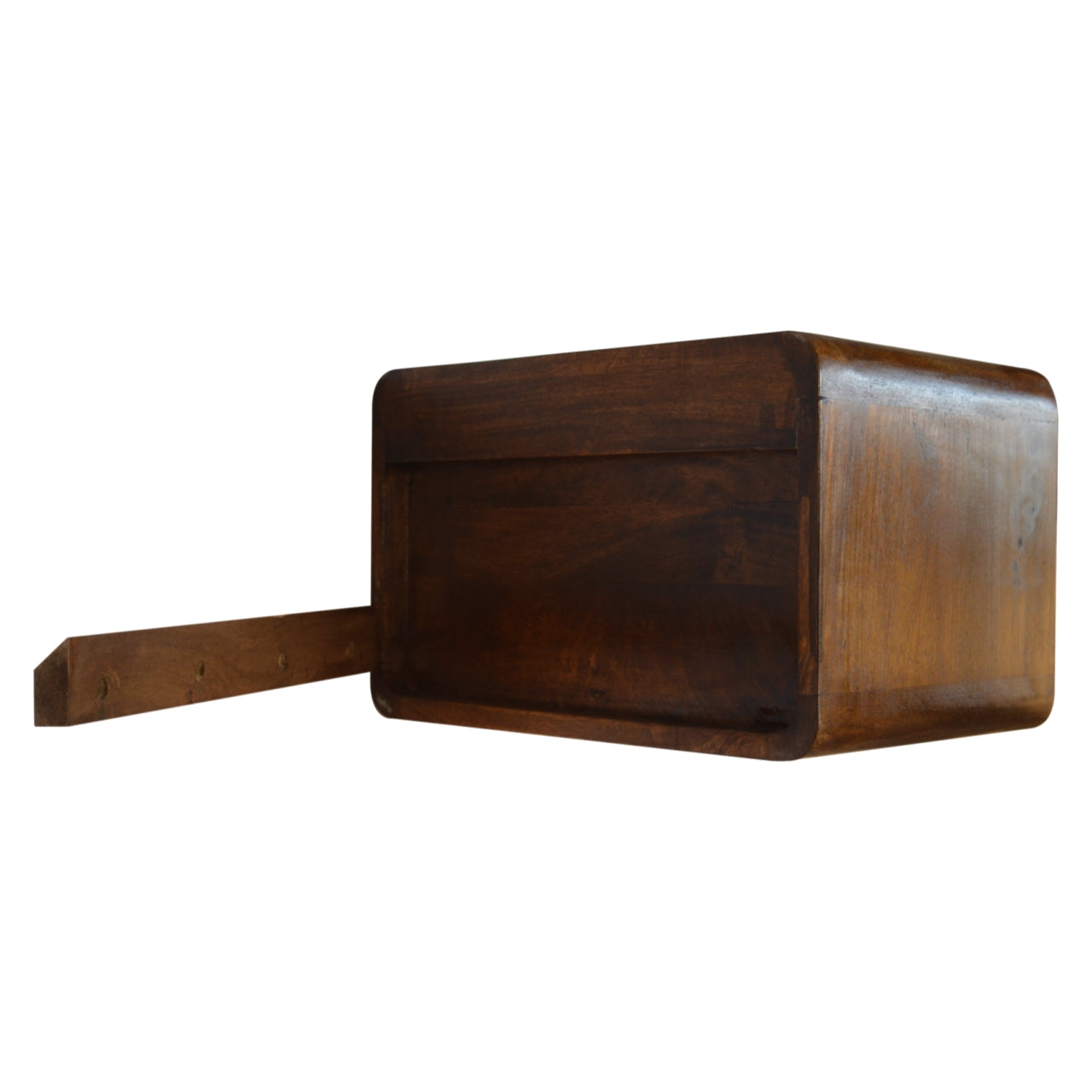 Dark wood floating shelf with rounded edges and visible mounting bracket