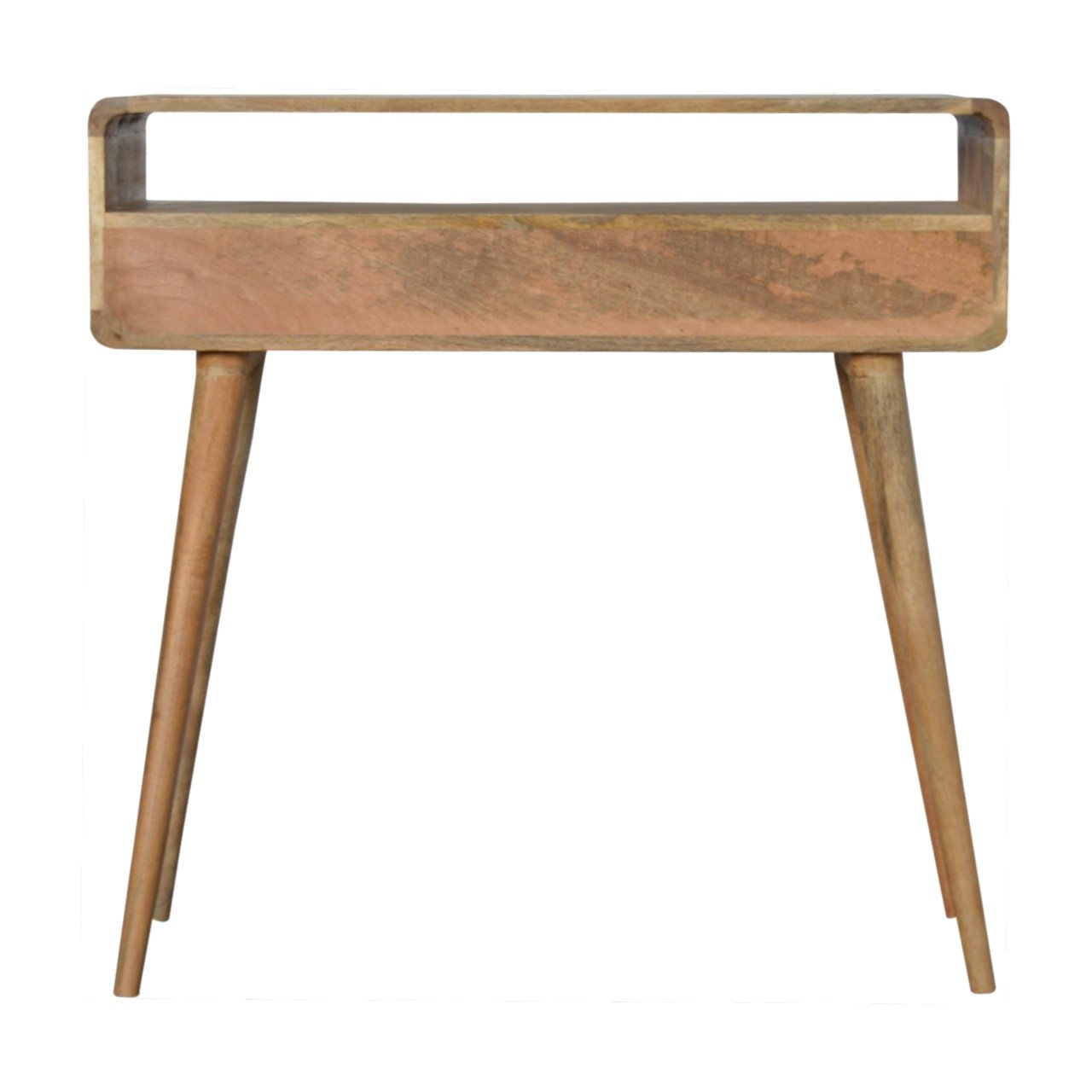 Wooden bedside table with tapered legs and open shelf detail